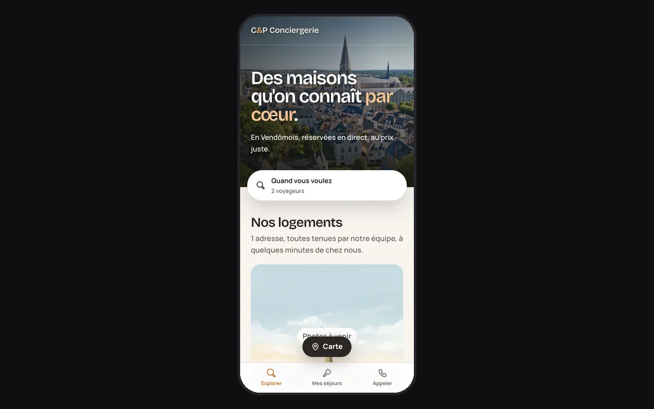 C&P Conciergerie's online booking site on a phone
